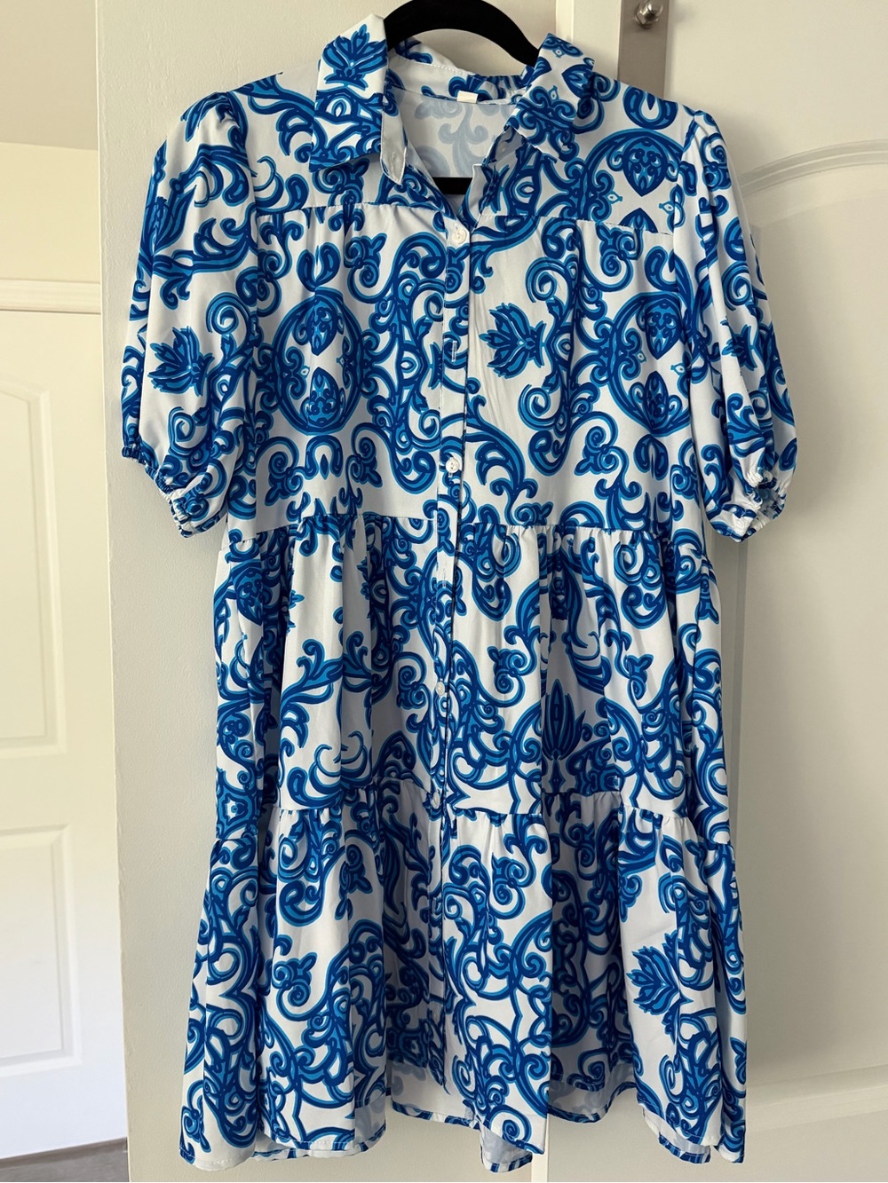 Blue & White Scroll Print Button-Up Tiered Dress